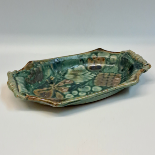 #230729 Platter Green & Mauve Patterns $18 at Hunter Wolff Gallery